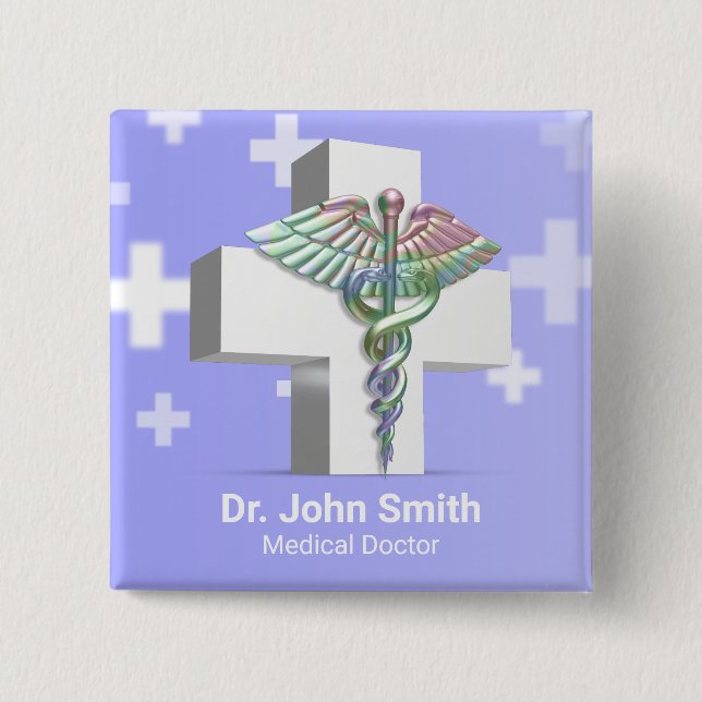 Holographic Medical 3D Caduceus White Cross Button (Vorderseite)