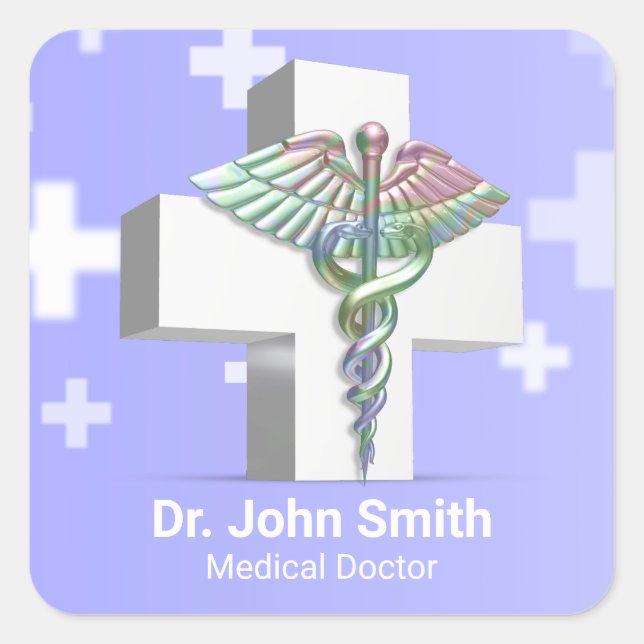 Holographic Medical 3D Caduceus White Cross Quadratischer Aufkleber (Vorderseite)