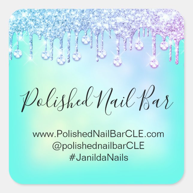 Holographic Minze Blue Diamond Tropfens Nail Pink Quadratischer Aufkleber (Vorderseite)