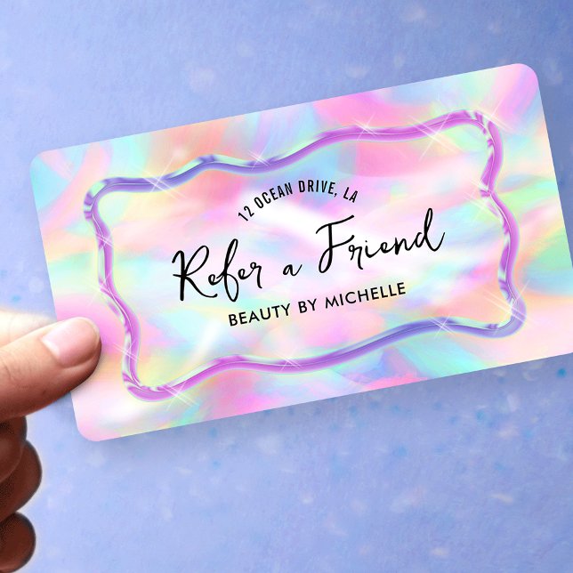 Holographic Neon Colors Refer A Friend Girly Empfehlungskarte (Neon colors Refer a Friend cards with holographic style background and trendy fonts)