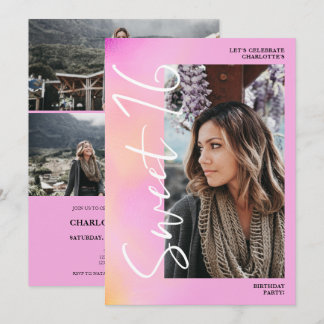 Holographic ombre script pink 4 Foto Sweet 16 Einladung