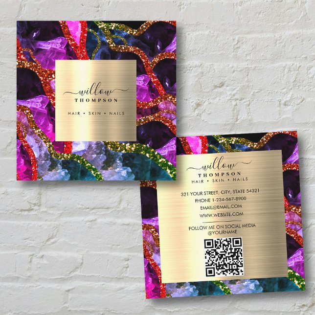 Holographic Opal Lila Geode Agate QR Code Quadratische Visitenkarte (Holographic Opal Purple Geode Agate QR Code Square Business Card)