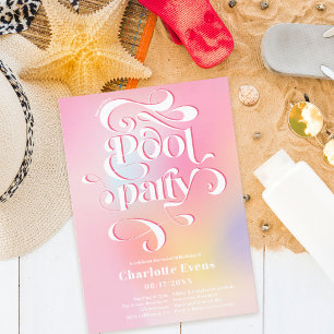 Holographic pink pool party script swirls Sweet 16 Einladung