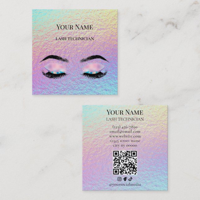 Holographic QR code Beige and Gold Lash Technician Quadratische Visitenkarte (Vorne/Hinten)