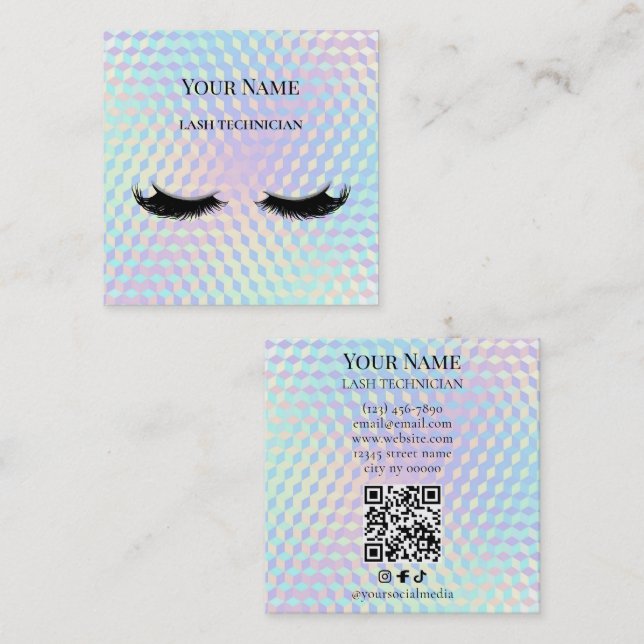 Holographic QR code Beige and Gold Lash Technician Quadratische Visitenkarte (Vorne/Hinten)