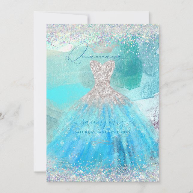 Holographic Quinceanera Aqua Blue Watercolor Gown Einladung (Vorderseite)