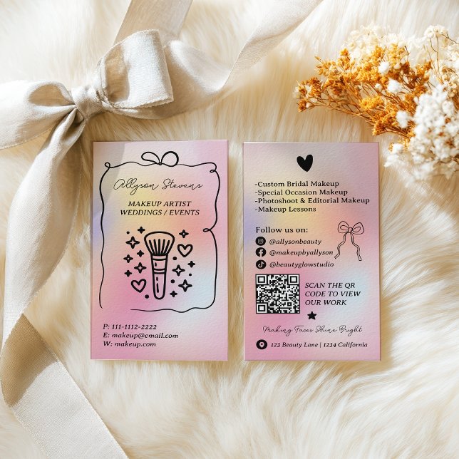 Holographic rainbow Doodles Makeup Artist QR Code Visitenkarte (Holographic rainbow Doodles Makeup Artist QR Code Business Card)