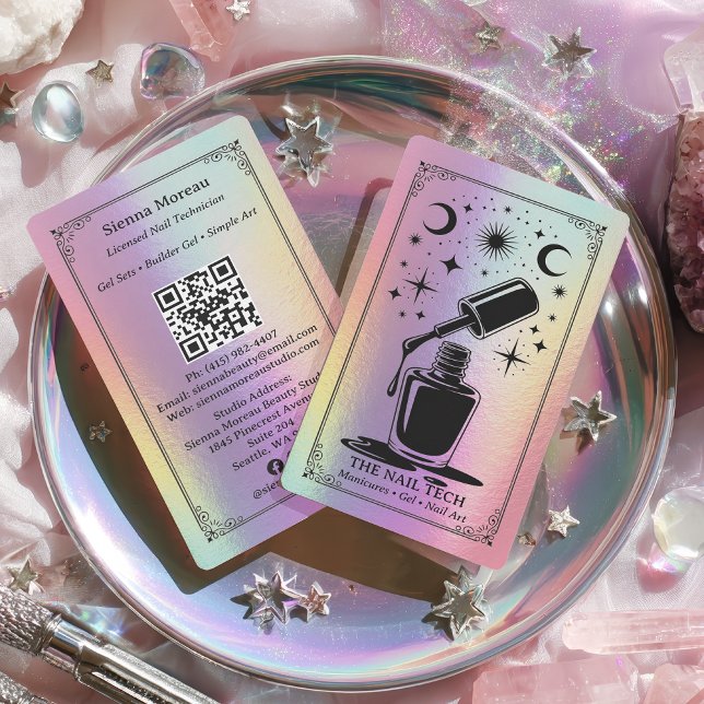 Holographic Retro Celestial Tarot Nail artist QR Visitenkarte (Holographic Retro Celestial Tarot Nail artist QR Business Card)