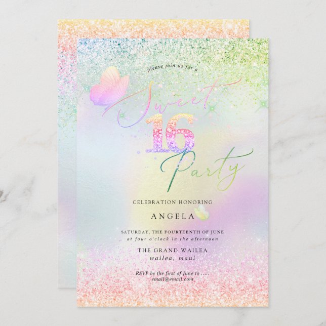 Holographic Sweet 16 Pink Diamond Glitzer Einladung (Vorne/Hinten)