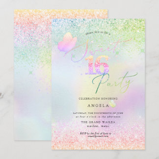 Holographic Sweet 16 Pink Diamond Glitzer Einladung