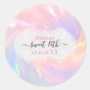 Holographic Sweet 16. Save the Date Quinceañera Runder Aufkleber