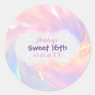 Holographic Sweet 16. Save the Date Quinceañera Runder Aufkleber