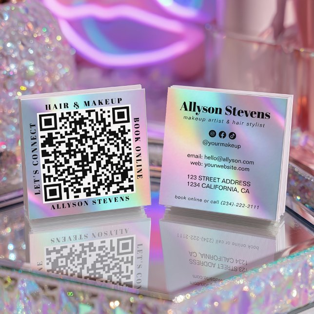 Holographic Unicorn Bold QR Code Hair & Makeup Quadratische Visitenkarte (Holographic Unicorn Bold QR Code Hair & Makeup Square Business Card)