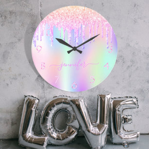 Holographic unicorn glitter drip rainbow monogram große wanduhr