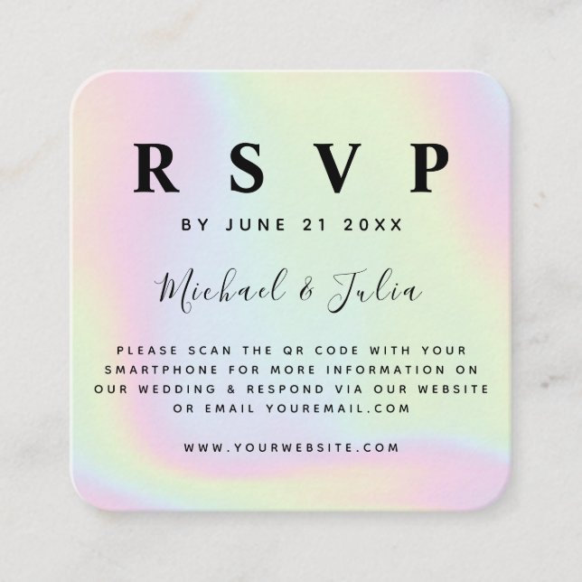 Holographic Unicorn Pastel QR Code Wedding RSVP Begleitkarte (Vorderseite)