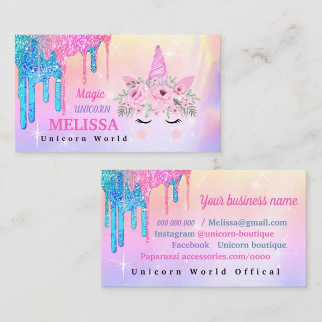 Holographic Unicoron Blume Glitzer Business Card Visitenkarte (Vorne/Hinten)