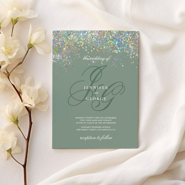 Holographische Goldminze Glitzer Initialen Hochzei Einladung (Holographic gold mint glitter initials wedding)
