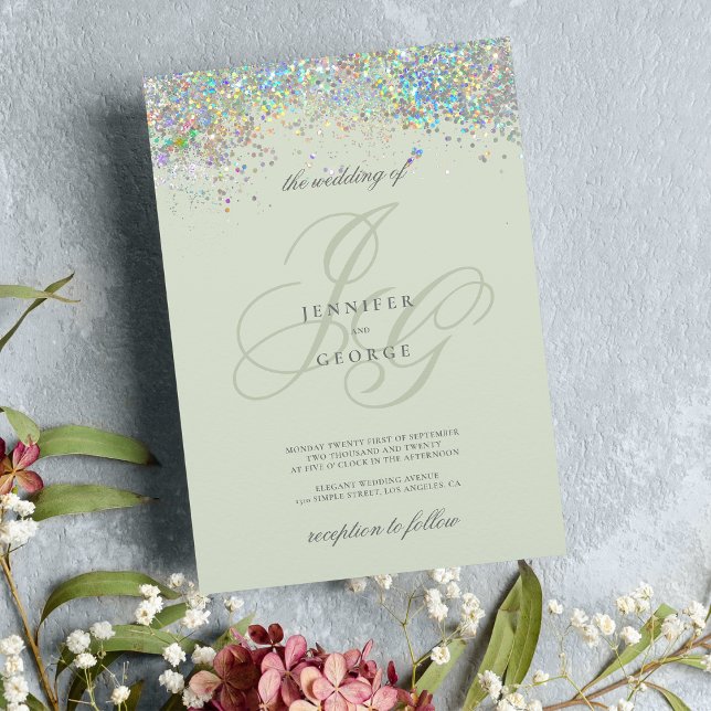 Holographische Minze Silber Glitzer Initialen Hoch Einladung (Holographic mint silver glitter initials wedding)