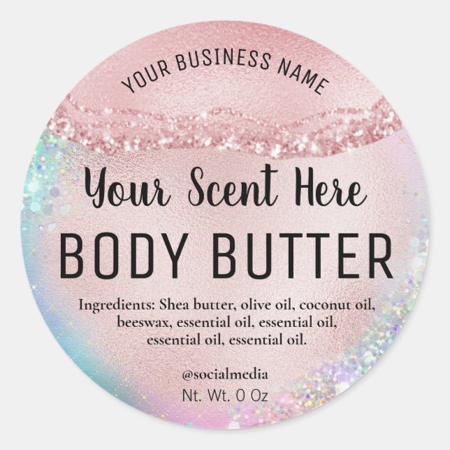 Holographische Pastel Rose Gold Body Butter Labels Runder Aufkleber (Vorderseite)