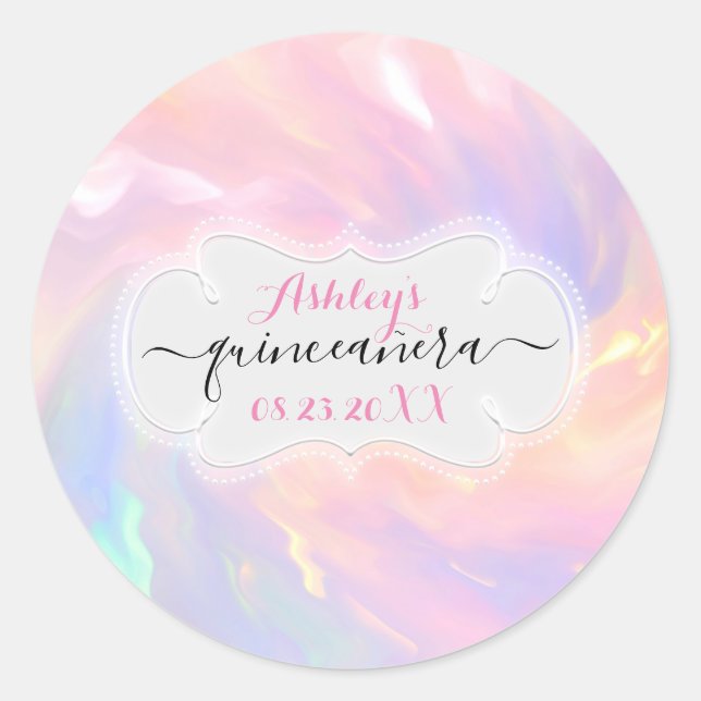 Holographische Prinzessin Save the Date Quinceañer Runder Aufkleber (Vorderseite)
