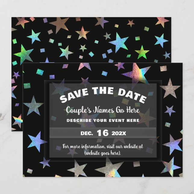 Holographische Rainbow Stars Hochzeitsszene Verlob Save The Date (Vorne/Hinten)