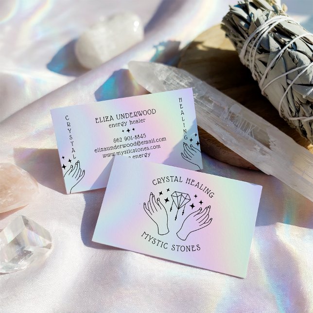Holographische spirituelle Kristallheiler mystisch Visitenkarte (Holographic spiritual crystal healer mystic hands)