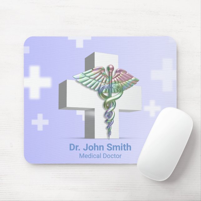Holographisches Medizin 3D Caduceus Weißes Kreuz Mousepad (Mit Mouse)