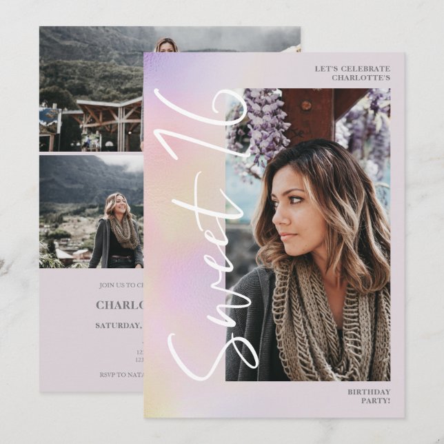 Holographisches ombre Skript aquamarin 4 Foto Swee Einladung (Vorne/Hinten)