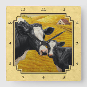 Holstein Cow and Calf Farm Yellow Quadratische Wanduhr