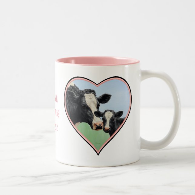 Holstein Cow & Calf Pink Herz Vegan Zweifarbige Tasse (Rechts)