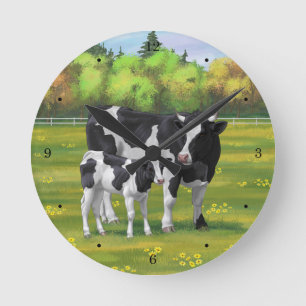 Holstein Cow & Cute Calf in Summer Pasture Runde Wanduhr