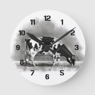 Holstein Cow Grazing: Realism Pencil Drawing Runde Wanduhr
