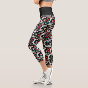 Holstein Cow Picket Fence Rote Rosen Black Red Capri Leggings