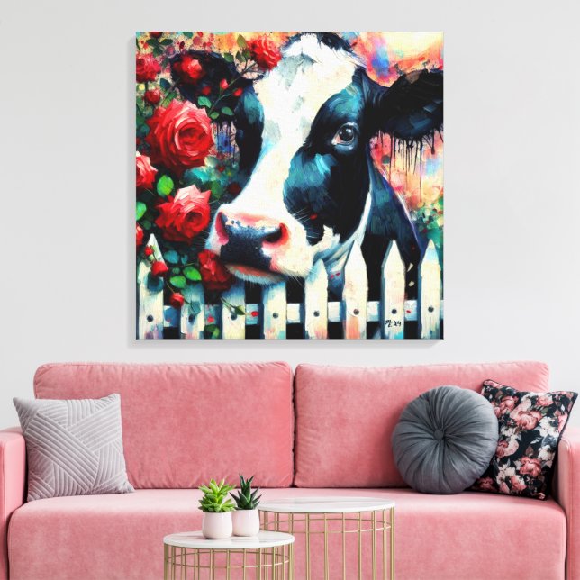 Holstein Cow Picket Fence Rote Rosen Black Red Leinwanddruck (Insitu (Wohnzimmer))