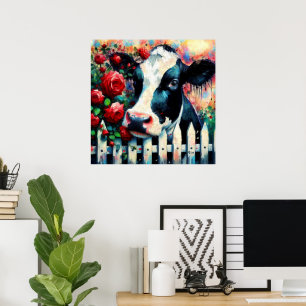 Holstein Cow Picket Fence Rote Rosen Black Red Poster