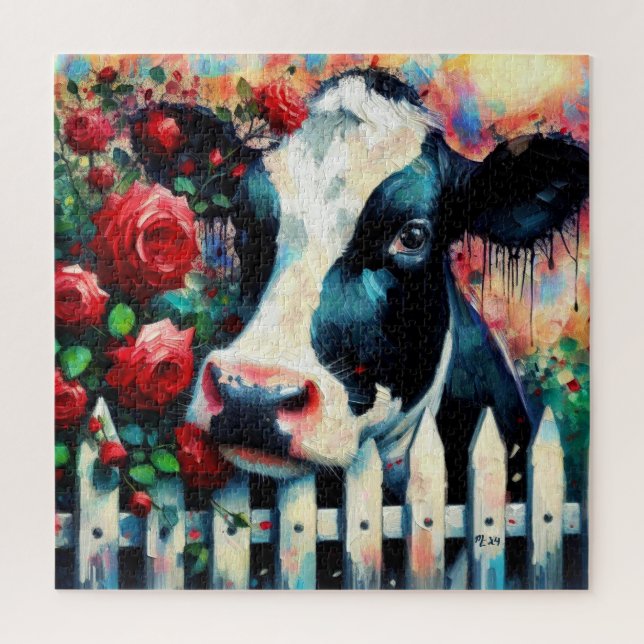 Holstein Cow Picket Fence Rote Rosen Black Red Puzzle (Vertikal)