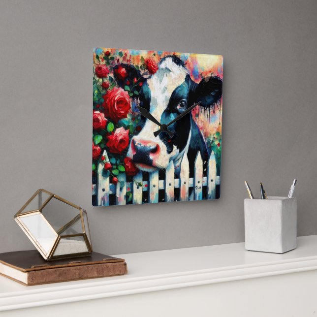 Holstein Cow Picket Fence Rote Rosen Black Red Quadratische Wanduhr (Büro)