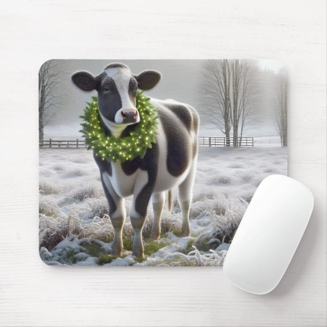 Holstein Cow Wear Holiday Wreath Mousepad (Mit Mouse)