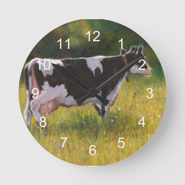 Holstein Dairy Cow: Ölpastelmalerei Runde Wanduhr (Vorderseite)
