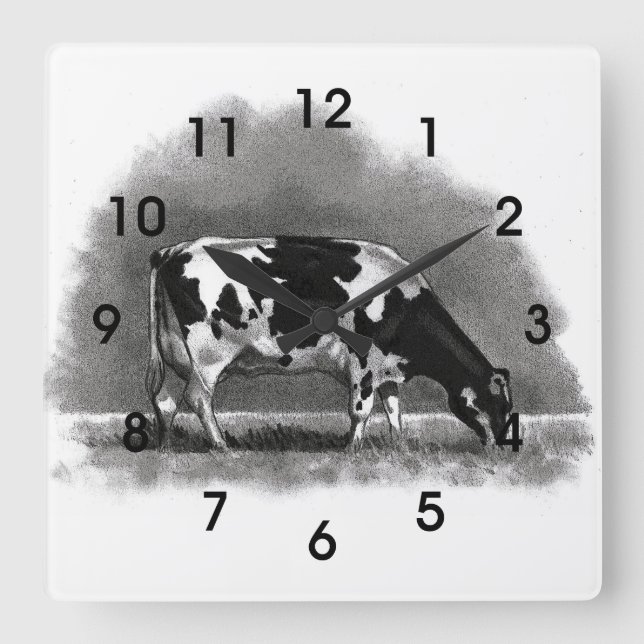 Holstein Kuh Grazing: Original Pencil Art Quadratische Wanduhr (Vorderseite)