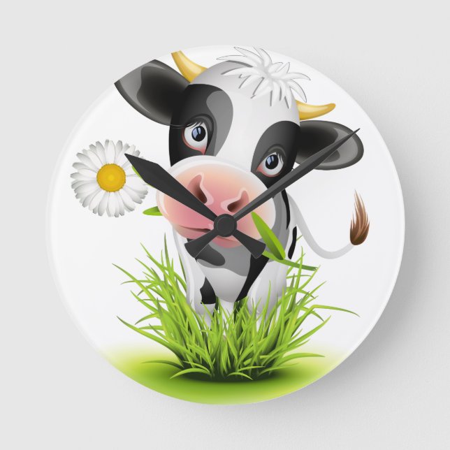 Holstein Kuh im Gras Runde Wanduhr (Vorderseite)