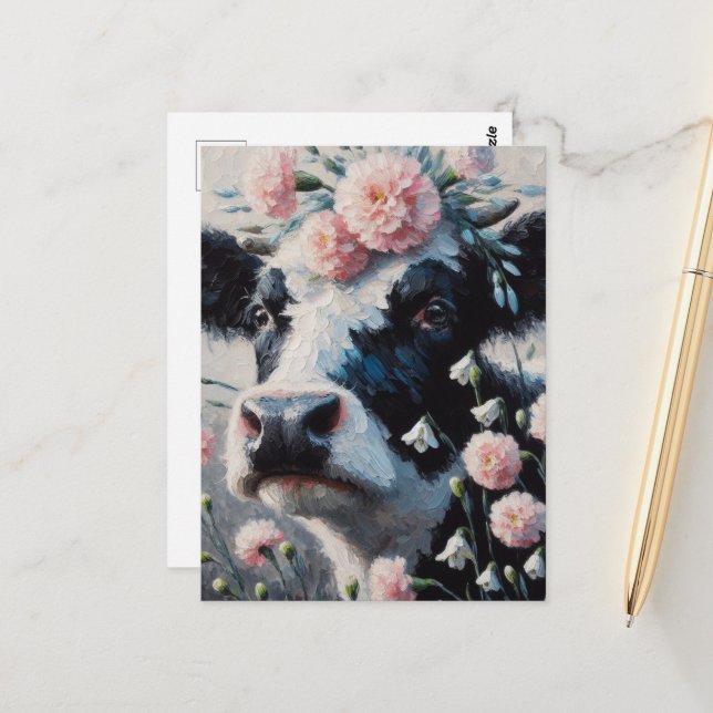 Holstein Kuh in Blume Bauernhof Malerei Postkarte (Vorderseite/Rückseite Beispiel)