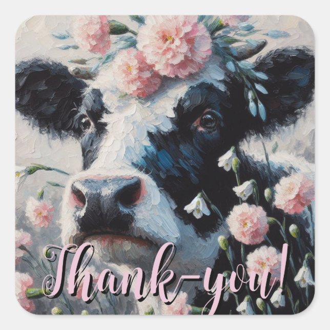 Holstein Kuh in Blume Bauernhof Malerei Quadratischer Aufkleber (Vorderseite)