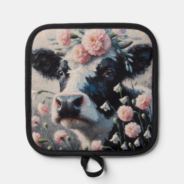 Holstein Kuh in Blume Bauernhof Malerei Topflappen (Vorderseite)