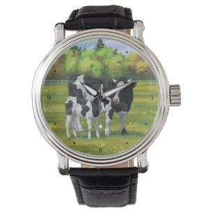 Holstein Kuh & Niedliches Kalb im Sommer Weide Armbanduhr