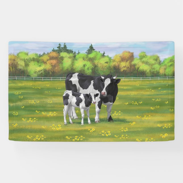 Holstein Kuh & Niedliches Kalb im Sommer Weide Banner (Horizontal)