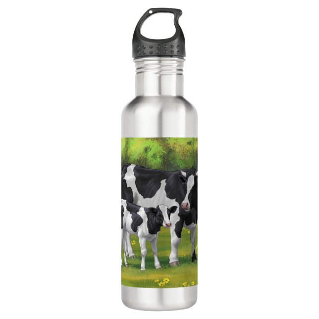 Holstein Kuh & Niedliches Kalb im Sommer Weide Edelstahlflasche (Vorderseite)