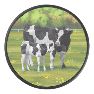 Holstein Kuh & Niedliches Kalb im Sommer Weide Eishockey Puck