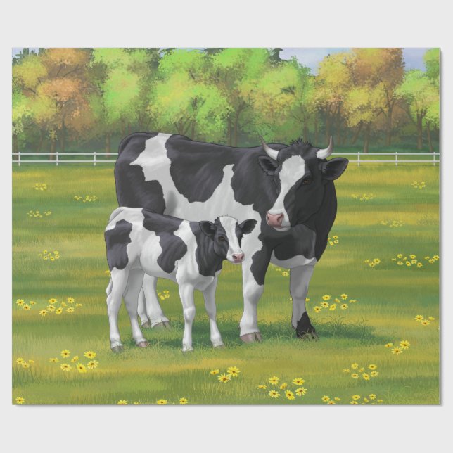 Holstein Kuh & Niedliches Kalb im Sommer Weide Geschenkpapier (Flach)