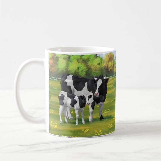 Holstein Kuh & Niedliches Kalb im Sommer Weide Kaffeetasse (Links)